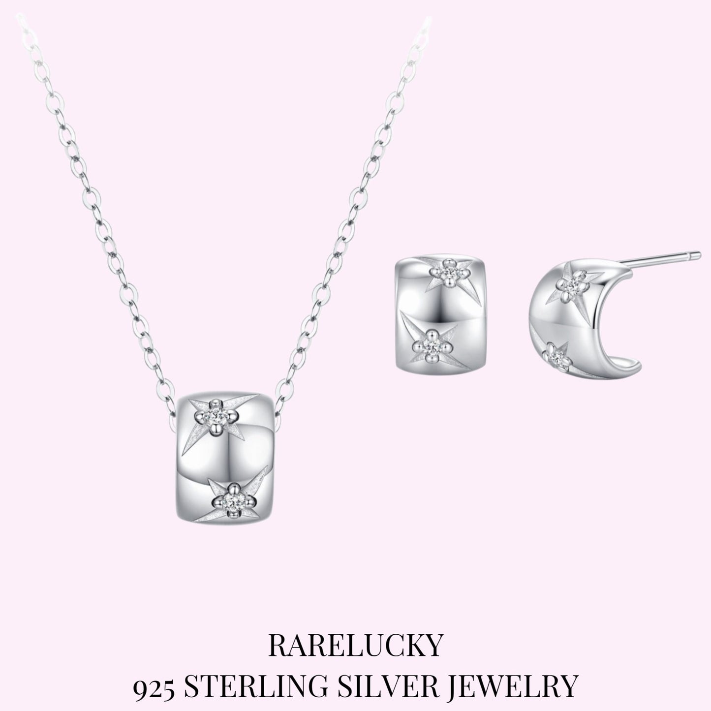 RareLucky Star & Moon Plaque S925 Sterling Silver Jewelry Set