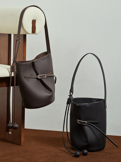 Buckle Detail Leather Bucket Bag