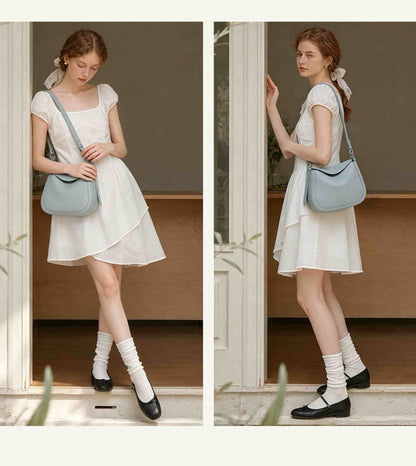 Top-Grain Leather Baguette Shell Shoulder Bag