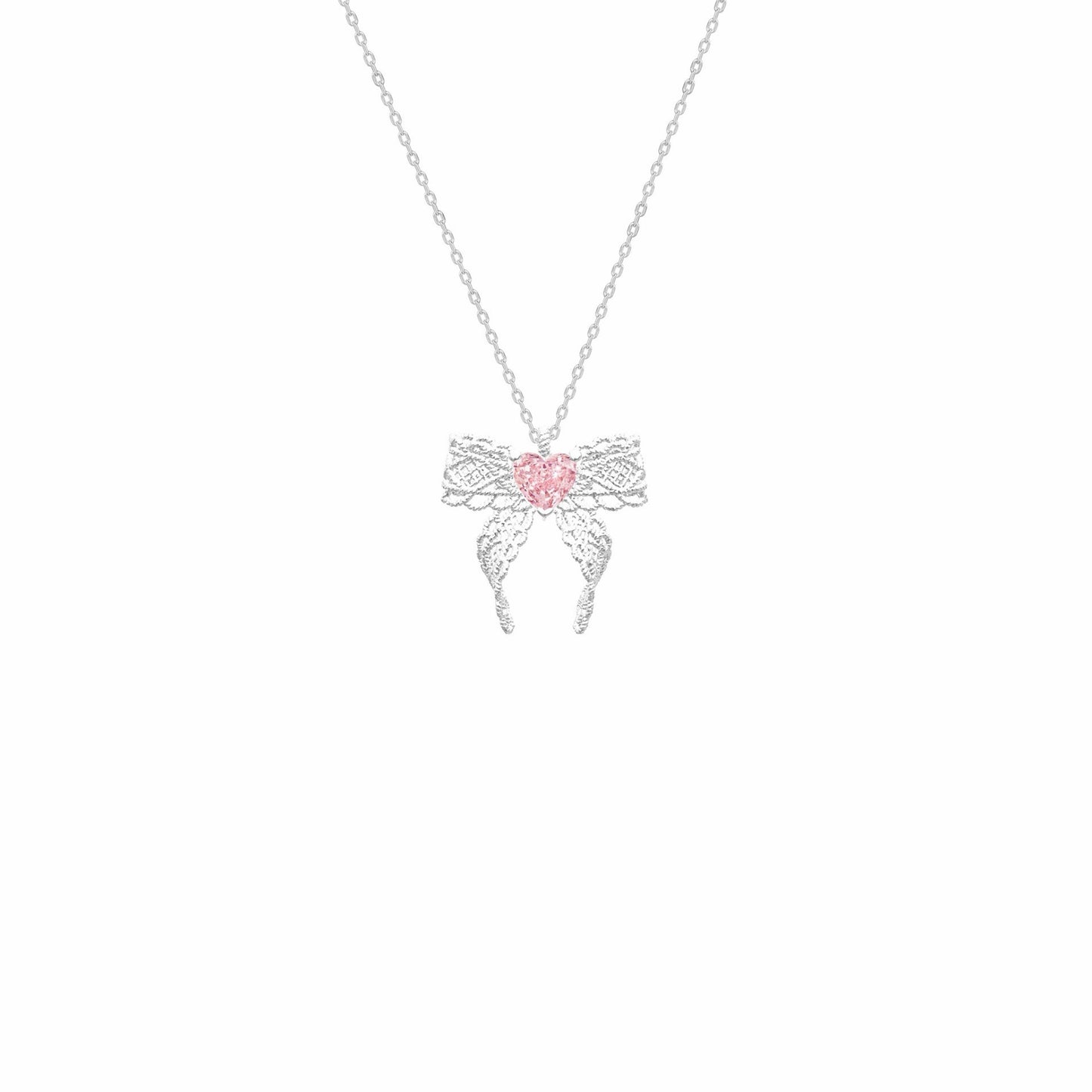 RareLucky Pink Heart Lace Bow S925 Necklace