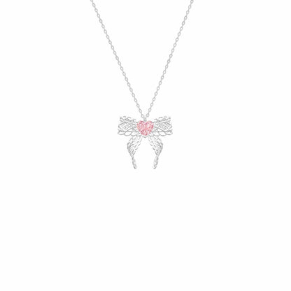 RareLucky Pink Heart Lace Bow S925 Necklace