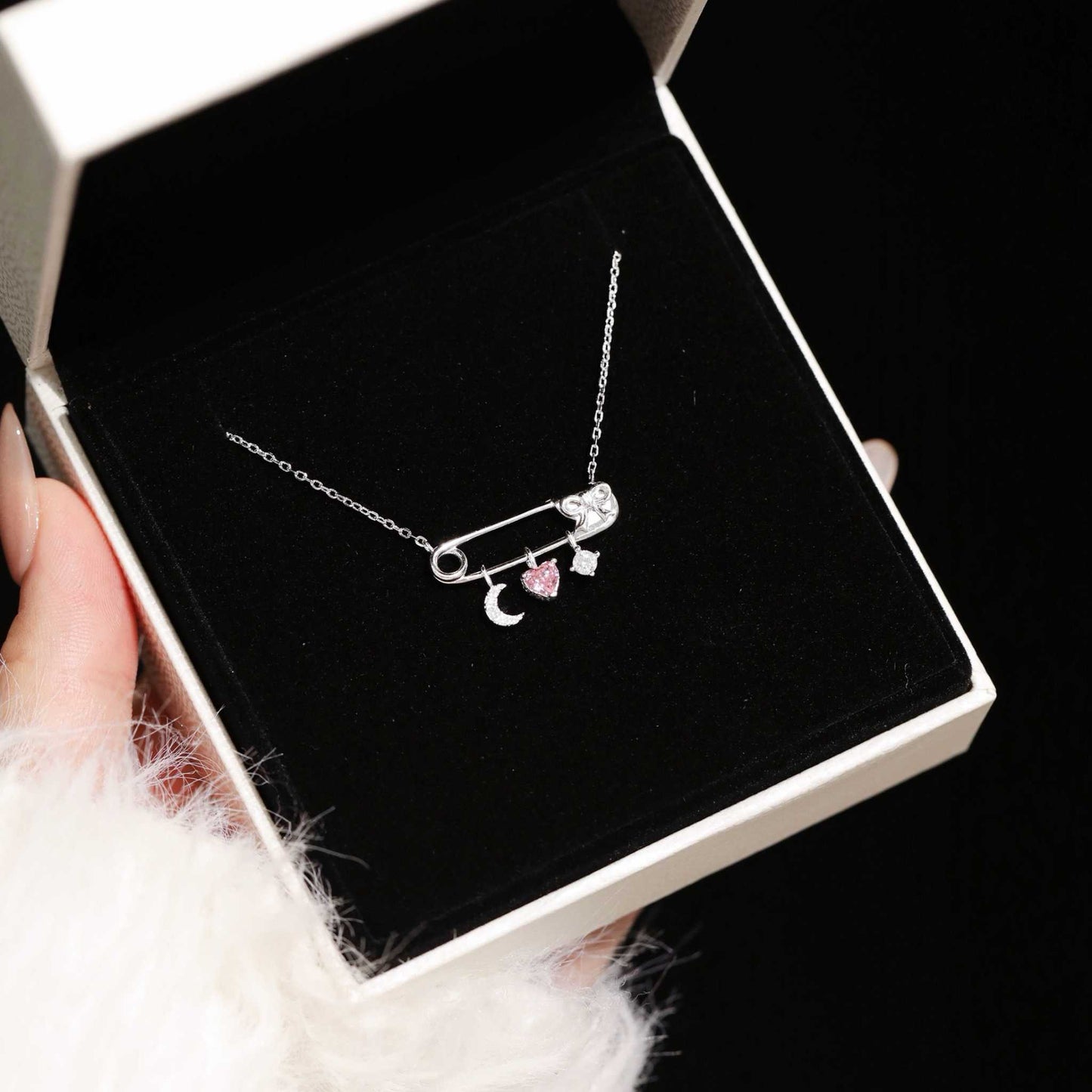 RareLucky Safety Pin Moon Heart S925 Necklace