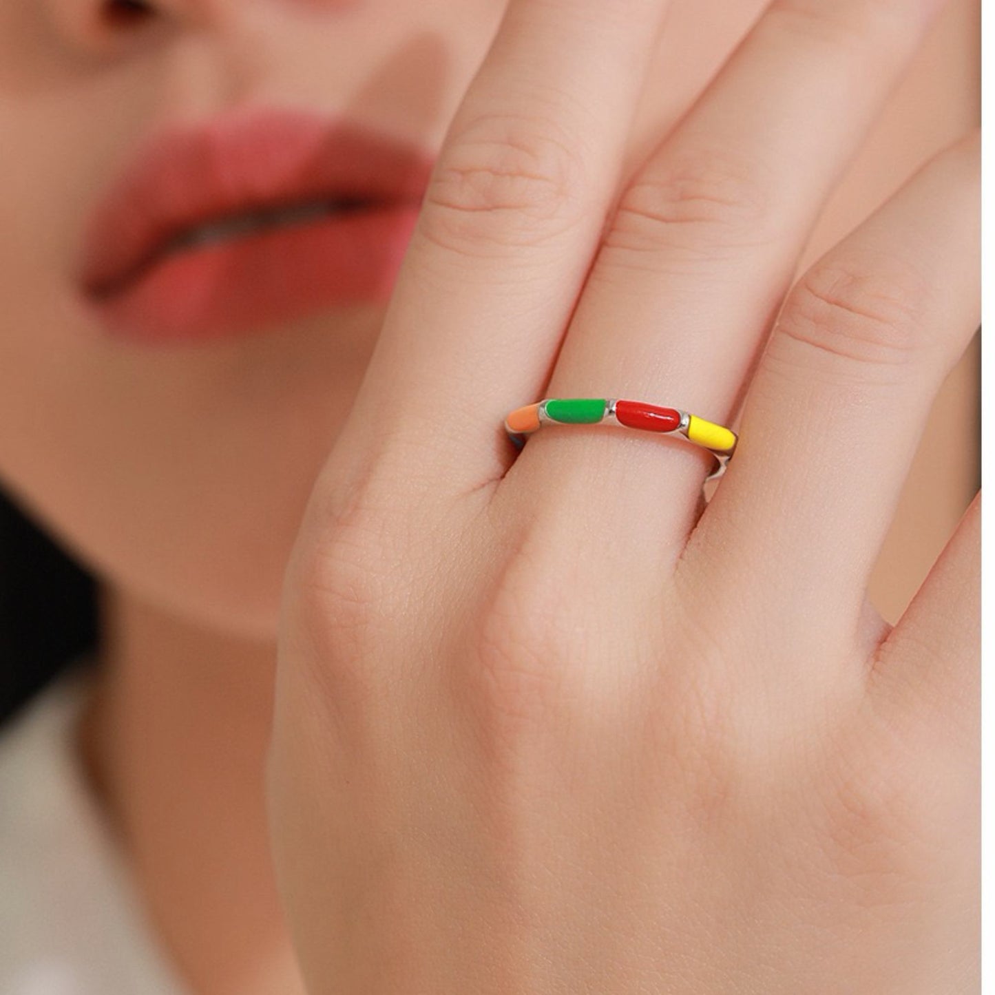 RareLucky Colorblock Enamel S925 Ring & Hoop Earrings Set