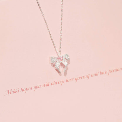 RareLucky Pink Heart Lace Bow S925 Necklace