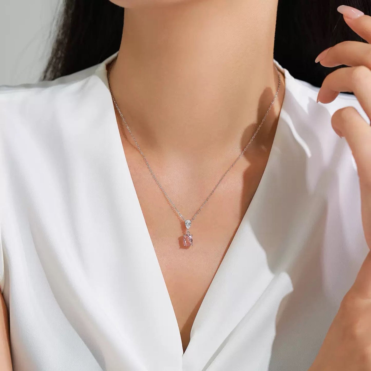 RareLucky Pink Square Glow S925 Necklace & Studs Set