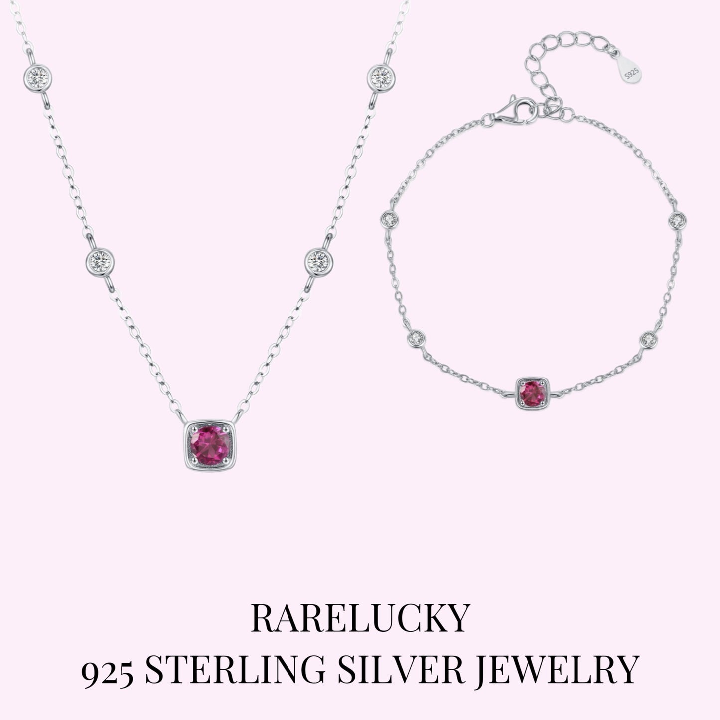 RareLucky Deep Red Bezel Station S925 Necklace & Bracelet Set