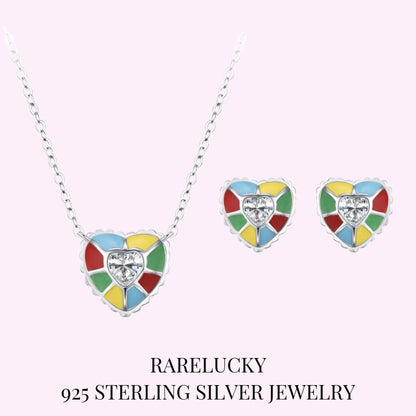 RareLucky Multicolor Enamel Heart S925 Necklace & Stud Earrings Set