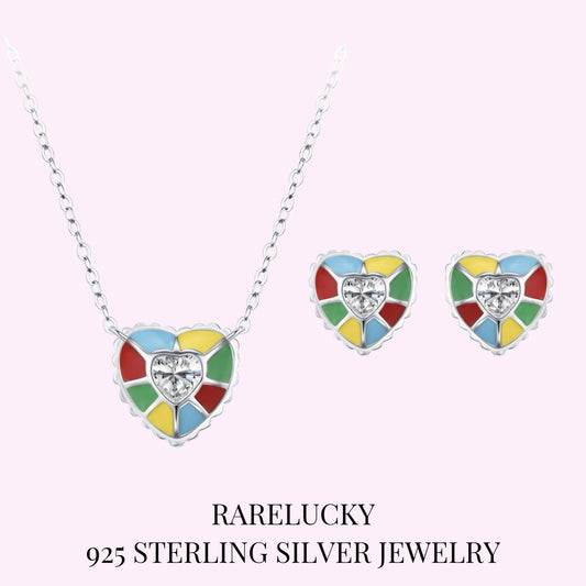 RareLucky Multicolor Enamel Heart S925 Necklace & Stud Earrings Set