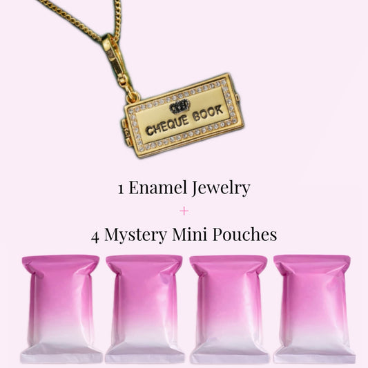 Cheque Book Locket Necklace + 4 Mystery Mini Bags