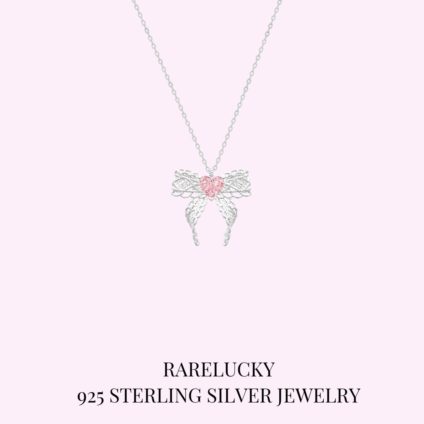 RareLucky Pink Heart Lace Bow S925 Necklace