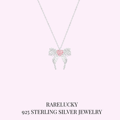 RareLucky Pink Heart Lace Bow S925 Necklace