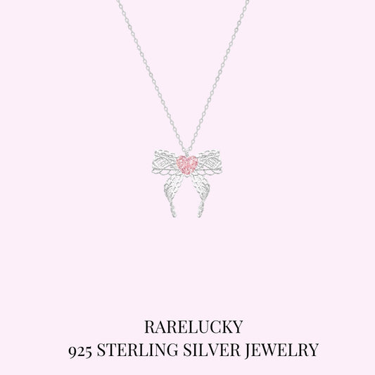 RareLucky Pink Heart Lace Bow S925 Necklace