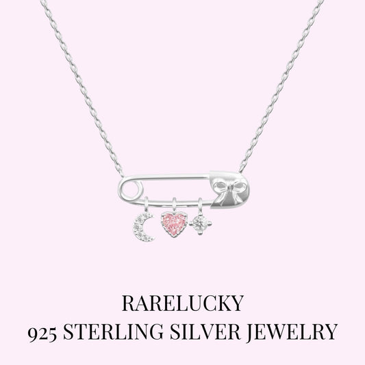 RareLucky Safety Pin Moon Heart S925 Necklace