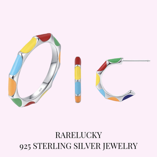 RareLucky Colorblock Enamel S925 Ring & Hoop Earrings Set