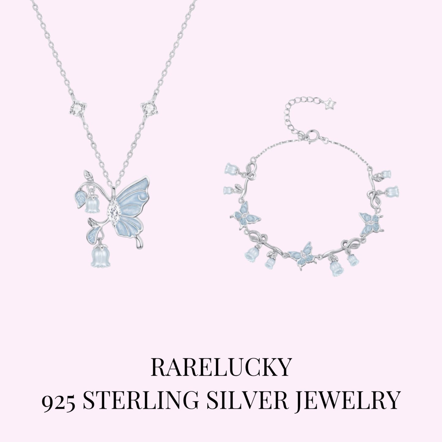 RareLucky Butterfly Lily of the Valley S925 Necklace & Bracelet Set