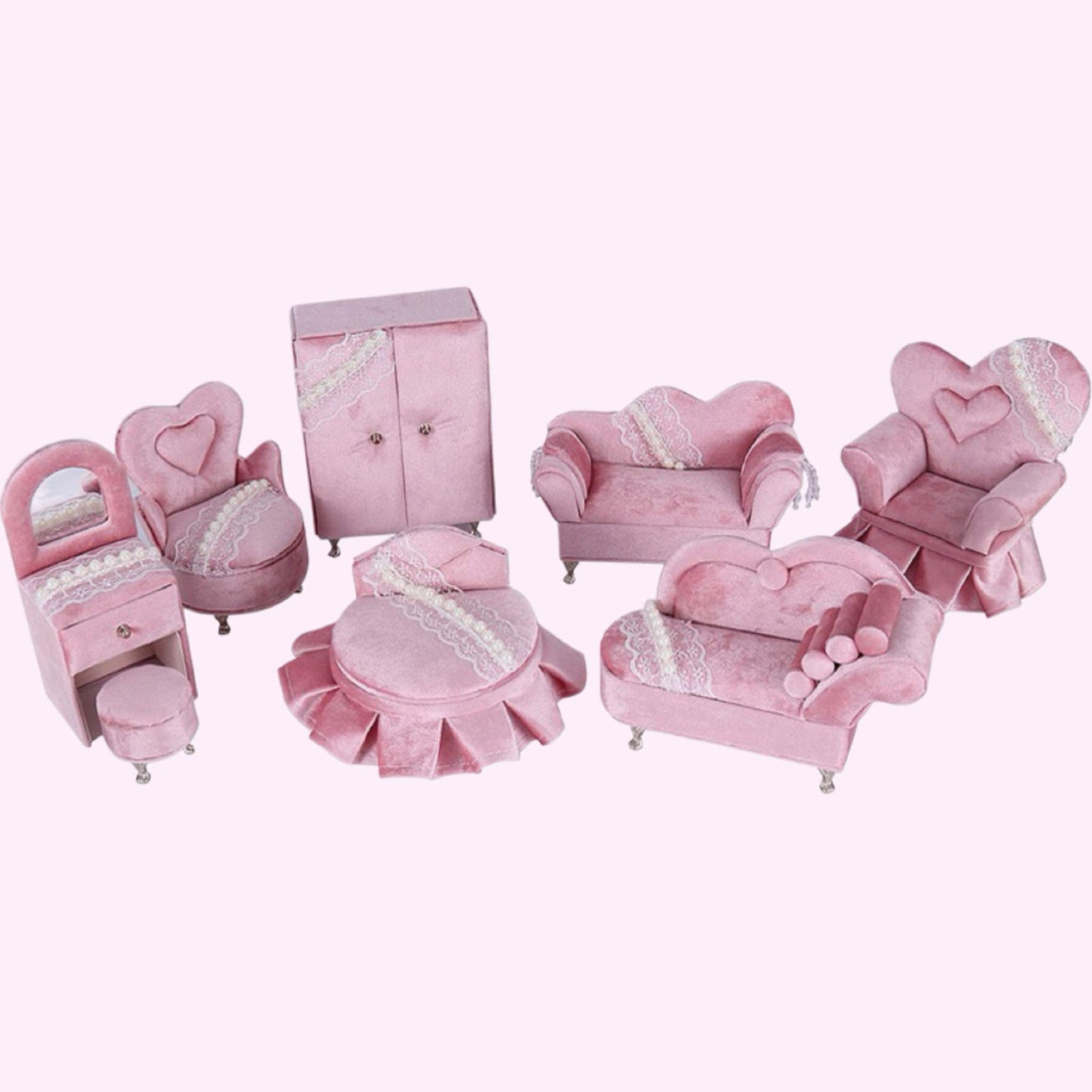 RareLucky Pink Velvet Furniture Jewelry Boxes – 7 Styles & Full Set