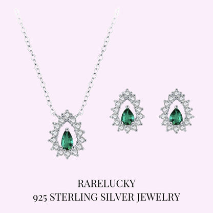 RareLucky Deep Green Teardrop Halo S925 Necklace & Stud Earrings Set