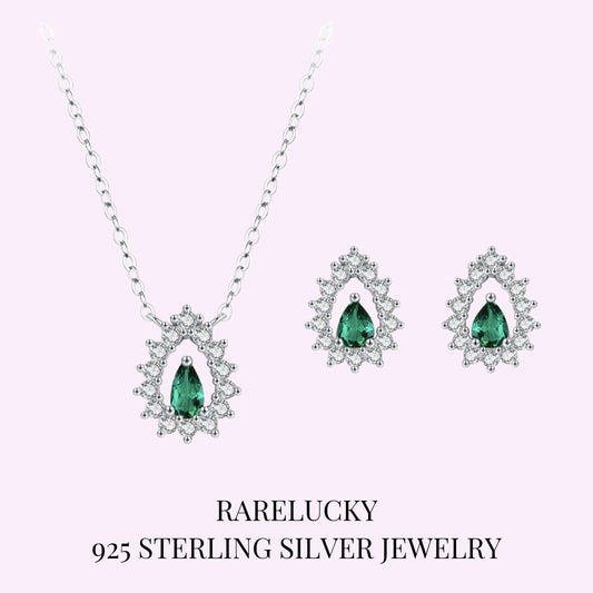 RareLucky Deep Green Teardrop Halo S925 Necklace & Stud Earrings Set